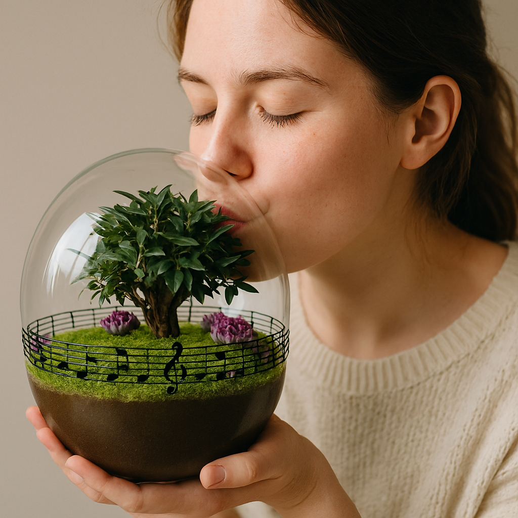 Terrario de cristal transparente con composición de plantas preservadas en su interior. Las formas vegetales están cuidadosamente dispuestas, creando una escena natural y serena. El diseño transmite calma y simboliza el recuerdo eterno de un ser querido.