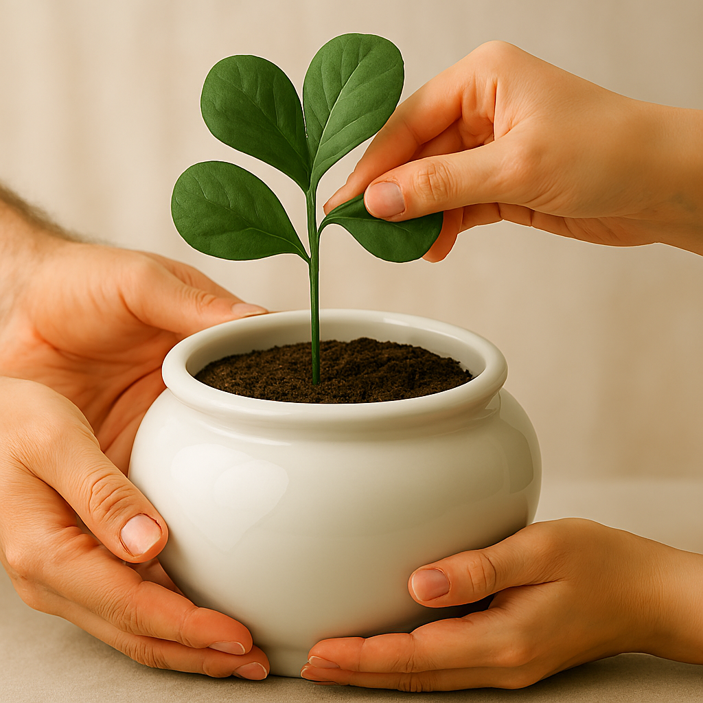 Maceta blanca de cerámica con una planta verde creciendo en el centro. Está colocada sobre una mesa de madera clara, iluminada por luz natural. La imagen transmite serenidad y simboliza el recuerdo de un ser querido a través de la vida vegetal.