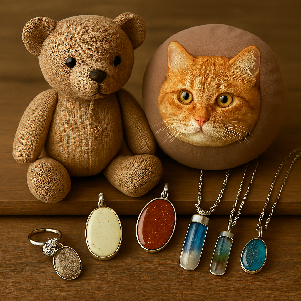 Recuerdos conmemorativos sobre madera: osito de camisa del fallecido, cojín con rostro de gato, joyas y colgantes con cenizas, y anillo con diamante, hechos a mano.
